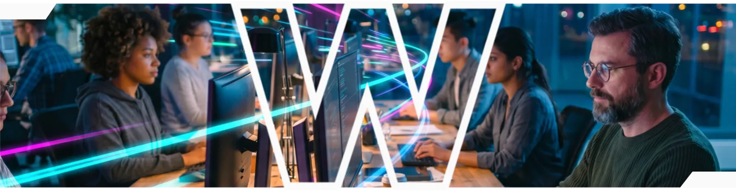 Equipo de desarrollo trabajando frente a monitores con líneas de luz cyan y magenta