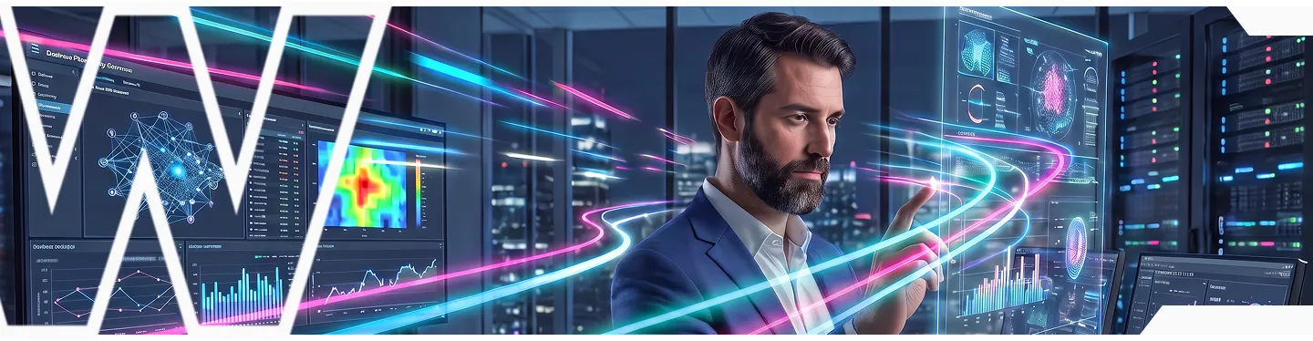 Hombre de negocios analizando hologramas de datos en un centro de operaciones