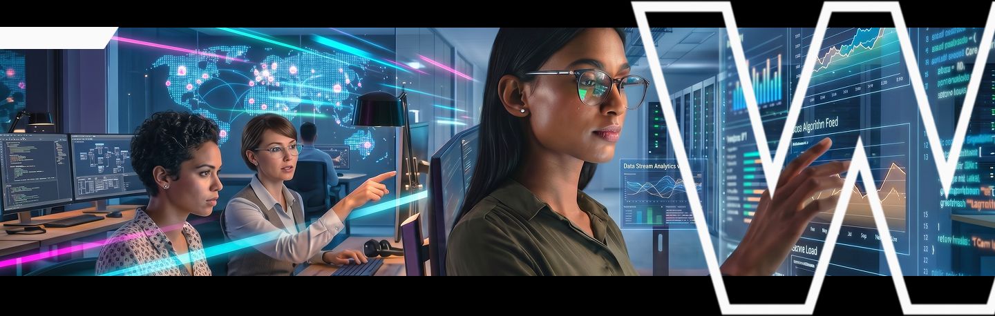 Equipo observando un holograma de inteligencia artificial
