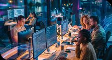 Equipo de trabajo frente a monitores en una oficina nocturna