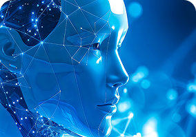 Rostro digital de inteligencia artificial en tonos azules